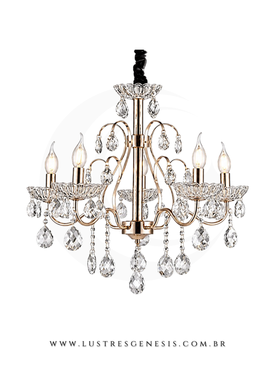 Lustre de Cristal Clássico Dourado com 8 braços, ideal para casas com pé direito duplo. Lustres Gênesis loja online de Lustres e Iluminação Decorativa